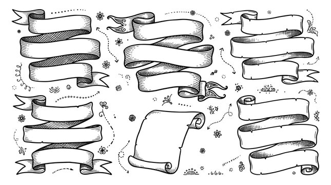 Set of Vintage Hand Drawn Ribbon Banners and Scroll Illustrations Engraving Style Decorative Design Elements on Textured Background Vector