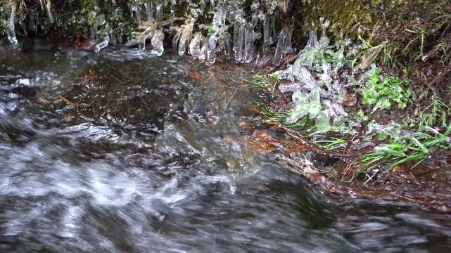 Cold season River stream water turned to ice peaceful refreshing in japan
