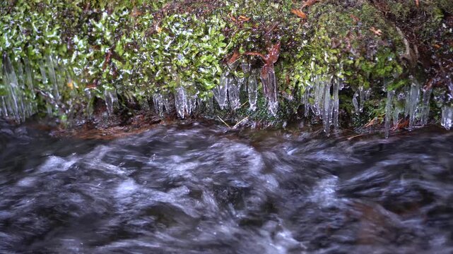 River stream water turned to ice peaceful spring refreshing in japan