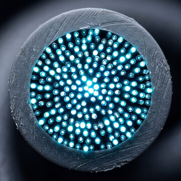 Fiber Optic Cable Cross Section Macro with Glowing Light Strands