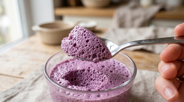 Close-up of aerated purple berry mousse with spoon.
