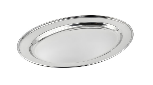 Polished stainless steel oval platter, shiny chrome serving tray for catering, elegant metallic dinnerware plate isolated on white background