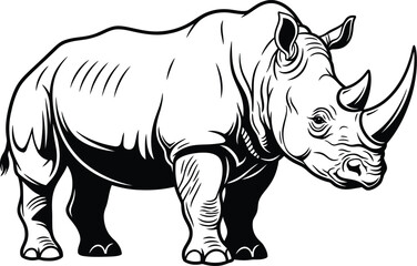 Black and white line art illustration of a powerful rhinoceros standing. © Vhya