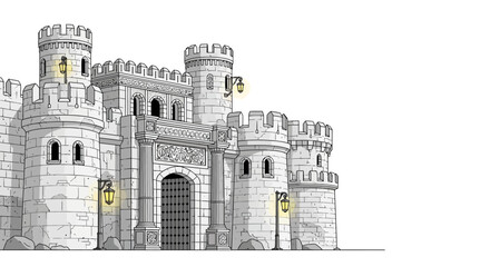 Detailed illustration of a grand medieval castle gate on World Heritage Day, showcasing intricate stone architecture and towering turrets against a stark white background, emphasizing © Jangkrik