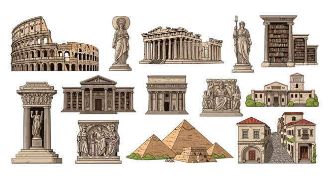 A collection of historical landmarks, including the Colosseum, Parthenon, and pyramids, presented as detailed vector illustrations against a clean white background, celebrating global World