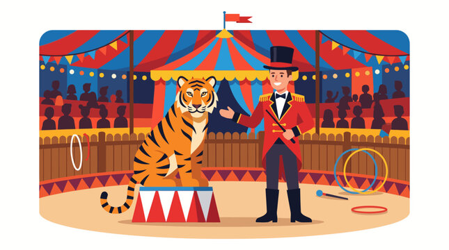 Circus Tiger and Ringmaster Performing.