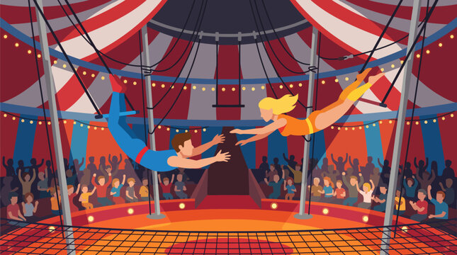 Acrobats performing aerial circus act together.