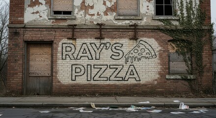 Naklejka premium Abandoned Rays Pizza Restaurant Building with Graffiti.
