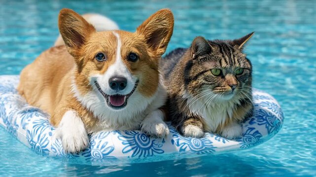 An adorable corgi dog and a fluffy tabby cat lounging together on a pool float in a bright blue pool.