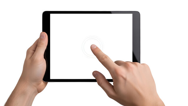 Hands holding a horizontal tablet with blank screen, finger pointing. Isolated on transparent background, png