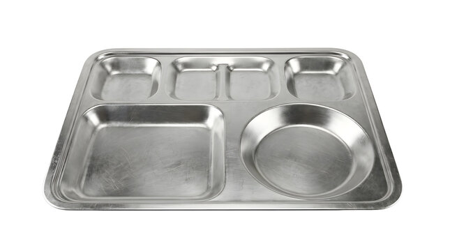 Stainless steel divided food tray, industrial metal cafeteria platter with five compartments, empty silver school lunch tray on white background