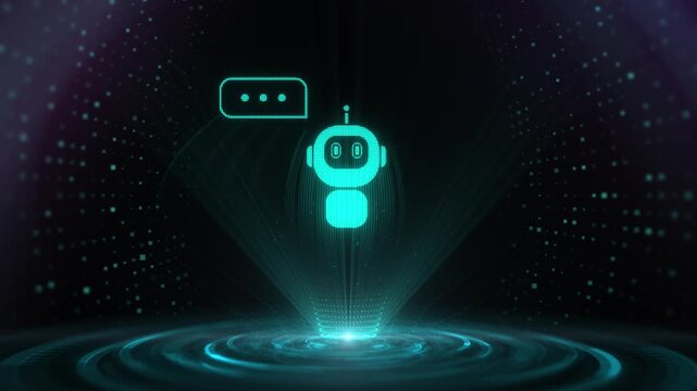 Futuristic hologram interface with a glowing chatbot icon and speech bubbles. Concept of artificial intelligence and digital communication in a virtual environment.