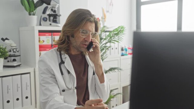 Man doctor on phone with stethoscope at building desk, using computer and holding smartphone to ear while speaking into device; focused care.