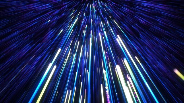 Abstract futuristic data flow with neon light streaks in a dark digital space. Concept of AI, big data analytics, neural networks, high-speed computing, and advanced cyber technology.