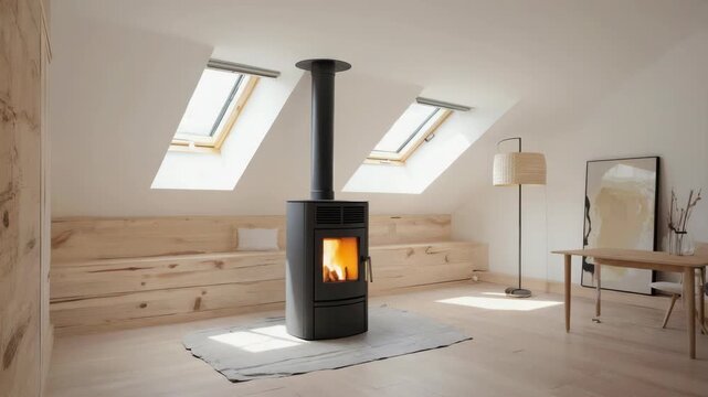 A contemporary living room featuring a central fireplace, wooden floors, and skylights providing ample natural light.