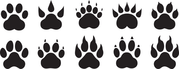 Fototapeta premium Animal Paw Print Silhouettes – Black Icons Representing Tracks of Cats, Dogs, Bears, and Mammals