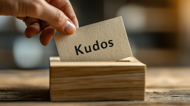 National employee appreciation concept with hand placing card labeled kudos into wooden box showing gratitude and recognition