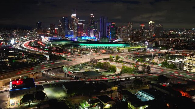 Night Aerial view of the city Los Angeles LA Traffic Drone 4k Timelapse Skyline