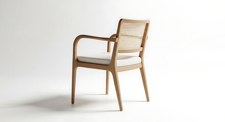 Fototapeta premium Modern Wooden Armchair with Cane Back and White Cushion in Studio Light