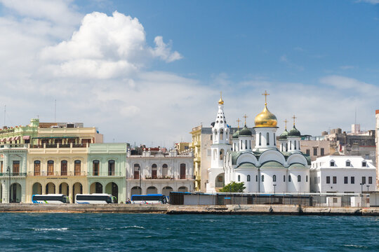 Cuba, Havana.  Waterfront near the harbour ferry terminal, featuring the Russian Orthodox Cathedral, Our Lady of Kaz&aacute;n