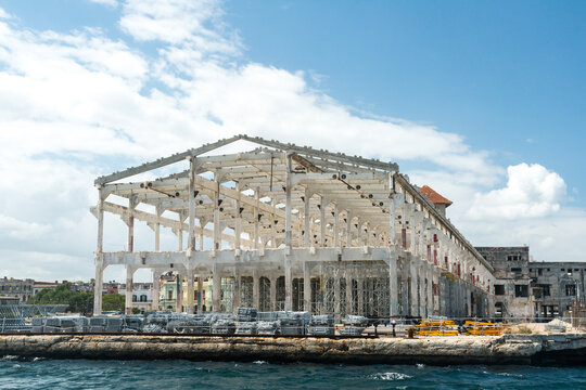 Cuba, Havana.  Espig&oacute;n "3" (also known as Santa Clara Pier) a wharf in the Port of Havana constructed in 1914, undergoing renovations.