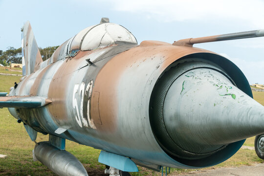 Cuba, Havana.  Military Museum at Morro Fort.   A weathered 1960's Soviet era MIG 21 jet fighter displayed outside the fort.  