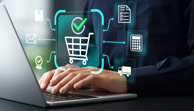 Person Using Laptop for Online Shopping with Digital E commerce Workflow Icons Overlay