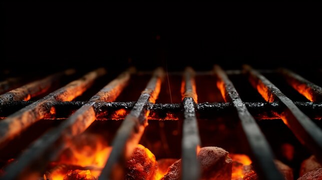 Glowing hot coals beneath metal grill grates