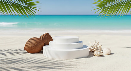 Obraz premium Minimalist White Podium on a Sandy Beach with Coconuts and Seashells