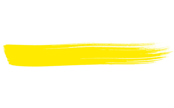 Vibrant yellow paintbrush stroke on white background, horizontal acrylic paint smear with bristle texture, bright artistic ink swipe for graphic design
