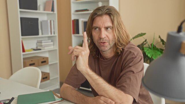 Man pointing index finger near face while resting forearm on desk with green notebook, lamp and bookshelf in studio home office; thoughtful concentration.