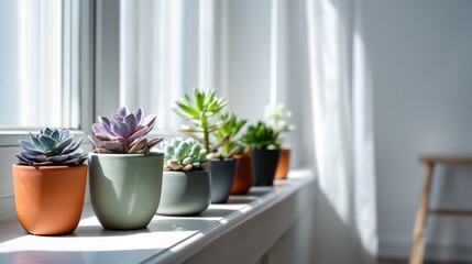 Fototapeta premium Rows of potted succulents bathed in sun near window