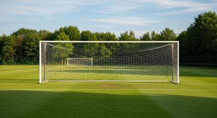 Fototapeta premium Soccer goal stands on a vibrant green grass field under a sunny sky; athletic sporting equipment in a natural setting for sports.