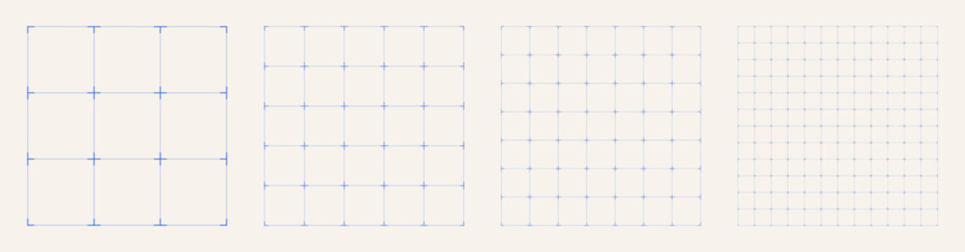 Square grid collection Line Cross matrix geometry, four samples blueprint style. Node spacing lattice structure, interface layouts editorial compositions planning sheets digital technology graphics. 