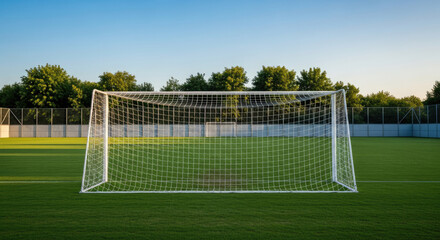 Fototapeta premium Soccer goal on green grass field under clear blue sky in summer showcasing a pristine sports venue for athletic competition