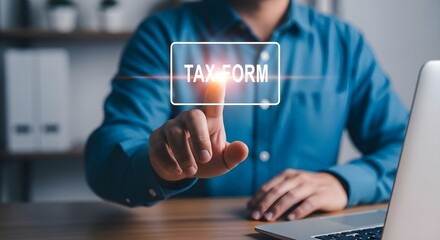 Obraz premium Businessman Pointing to Virtual Tax Form Icon for Online Tax Filing and Financial Management Concepts