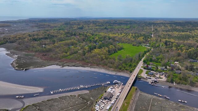 North River near mouth to the Atlantic Ocean aerial view between town of Scituate and Marshfield, Massachusetts MA, USA. 