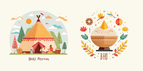 Fototapeta premium Vibrant outdoor community festival illustration depicting people gathering in a serene natural landscape with traditional tents and festive atmosphere