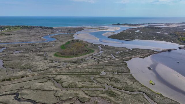 North River near mouth to the Atlantic Ocean aerial view between town of Scituate and Marshfield, Massachusetts MA, USA. 