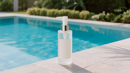 Naklejka premium Mockup of a minimalist cosmetics bottle by the pool