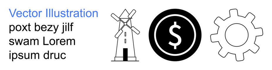 Obraz premium Renewable energy, finance, technology, engineering, sustainability, innovation. Windmill, dollar sign and gear symbols are . Renewable energy and finance concepts through icons