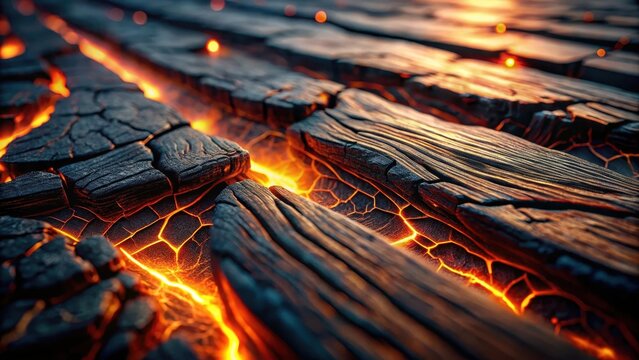 A photo of a dark wooden board with glowing lava cracks emanating from deep within the wood, creating an eerie and mesmerizing glow that seems to puls