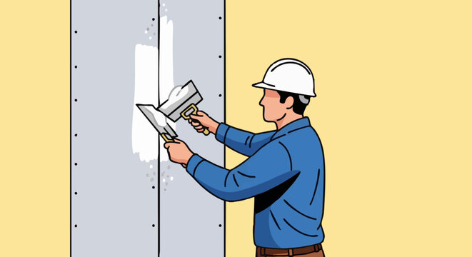 Construction worker applies drywall mud to wall joint with tools