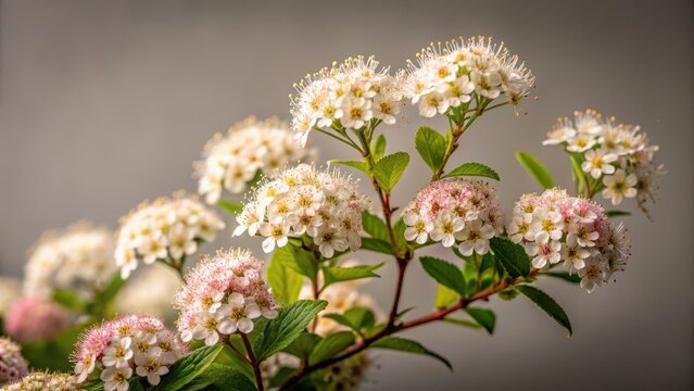 A realistic photo of Spirea blooming bush close up view