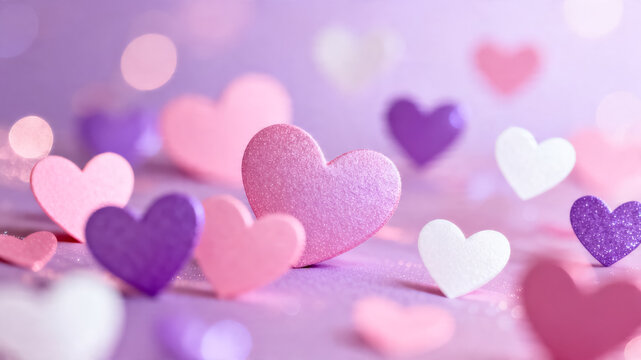Colorful Hearts on Purple Background with Bokeh