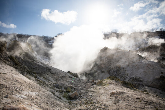 Volcanic Landscape Steam Rising Rocky Terrain