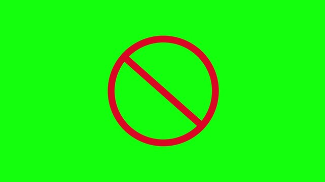 Flashing red prohibition sign. Empty circular prohibition sign symbol. Green screen background.