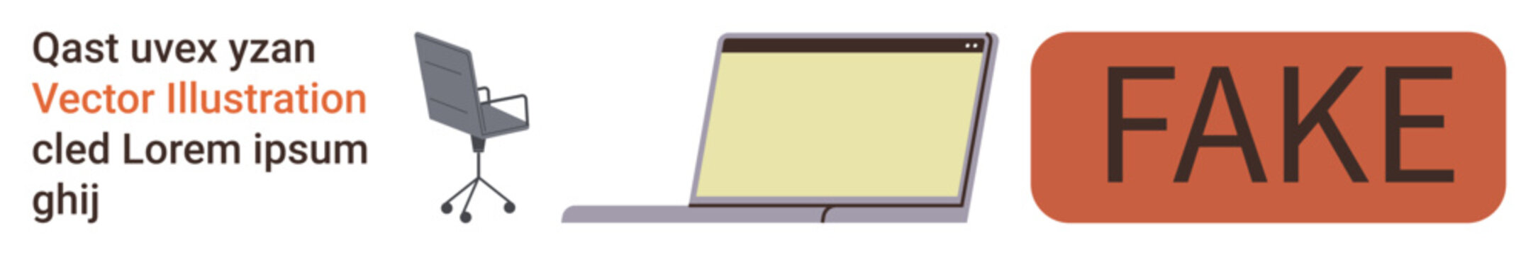 Workspaces, digital organization, misinformation, productivity, deception concepts, online authenticity. Office chair and laptop with bold FAKE label . Misinformation and online authenticity