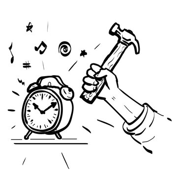 Drawing sketch style illustration of a hand with hammer striking an alarm clock on isolated background done in black and white line art.