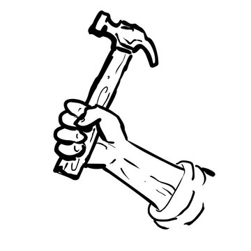 Drawing sketch style illustration of a hand with hammer ready to strike on isolated background done in black and white line art.